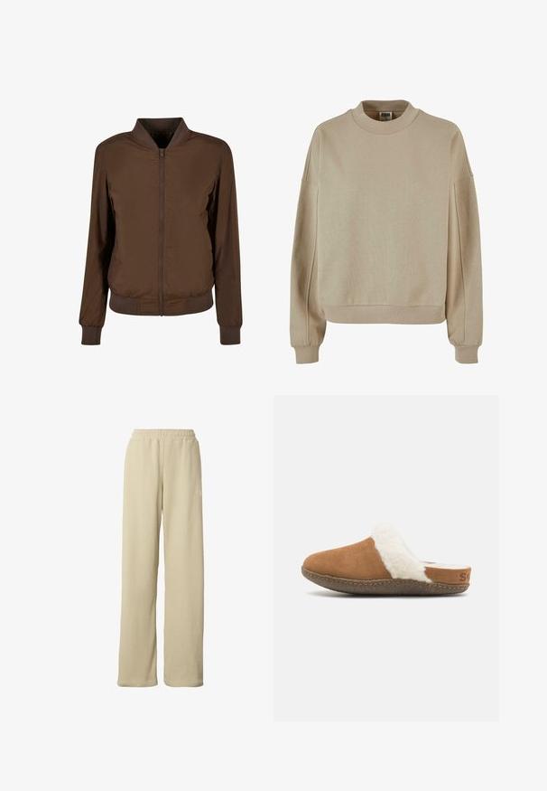 Brun bomberjakke med lynlås foran, ribbede manchetter og kant. Fremstillet af glat, letvægtsstof med sidelommer.; Beige sweatshirt med høj krave, ribbede manchetter og afslappet pasform. Materialet ser blødt ud med en tekstureret overflade.; Beige ribstrikkede bukser med vidde ben, elastisk taljebånd og diskret lille hvidt logo på den øverste del af låret.; Brune ruskindssutsko med en hvid fluffy foring og en tekstureret sål. Har en syet kant og en lille brandingdetalje på hælen.