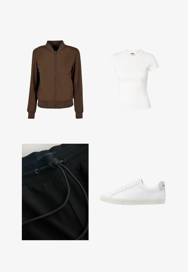 Brun bomberjakke med lynlås foran, ribbede manchetter og kant. Fremstillet af glat, letvægtsstof med sidelommer.; Tæt siddende hvid t-shirt med korte ærmer og rund hals med Urban Classics mærke inde i halsudskæringen.; Sorte joggerbukser med snøre i taljen og tekstureret stof, med fokus på glatte linjer og et minimalistisk design.; Hvide lædersneakers med en struktureret off-white gummi sål. Funktioner inkluderer snørebånd, diskrete sømme og en grå ruskindsdetalje ved hælen.