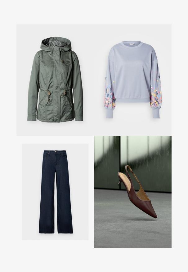 Veste à capuche verte avec fermeture éclair à l'avant, deux poches avant avec rabats, une poche poitrine zippée et des réglages de taille par cordon.; Sweat-shirt bleu clair avec broderie florale sur les manches, texture douce, poignets et ourlet côtelés, coupe décontractée, encolure ronde.; Jean denim bleu foncé à jambes larges avec bouton à l'avant, passants pour ceinture et style cinq poches sur fond uni.; Escarpin slingback en cuir marron foncé avec un bout pointu suspendu au-dessus d'un sol gris devant une fenêtre en verre floue.