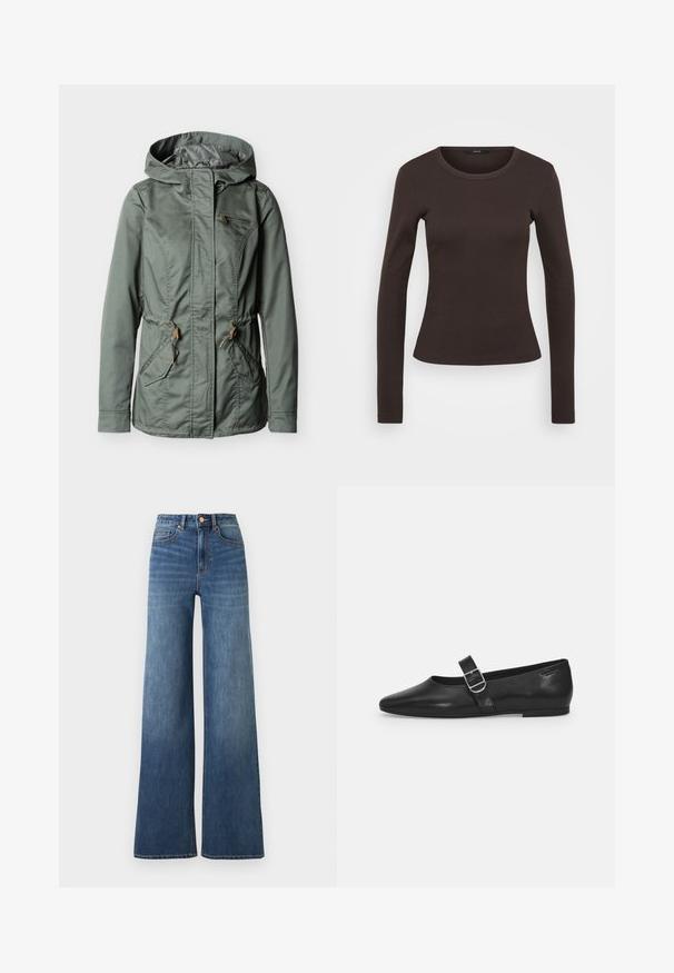 Veste à capuche verte avec fermeture éclair à l'avant, deux poches avant avec rabats, une poche poitrine zippée et des réglages de taille par cordon.; T-shirt marron à manches longues en tissu côtelé, avec un col rond et une silhouette ajustée.; Jean en denim bleu taille haute avec jambes larges, fermeture avant par boutons et zip, et poches devant et derrière.; Chaussure plate en cuir noir avec un bout arrondi, une seule sangle réglable à boucle et une texture lisse et brillante. Design minimaliste avec un petit talon.