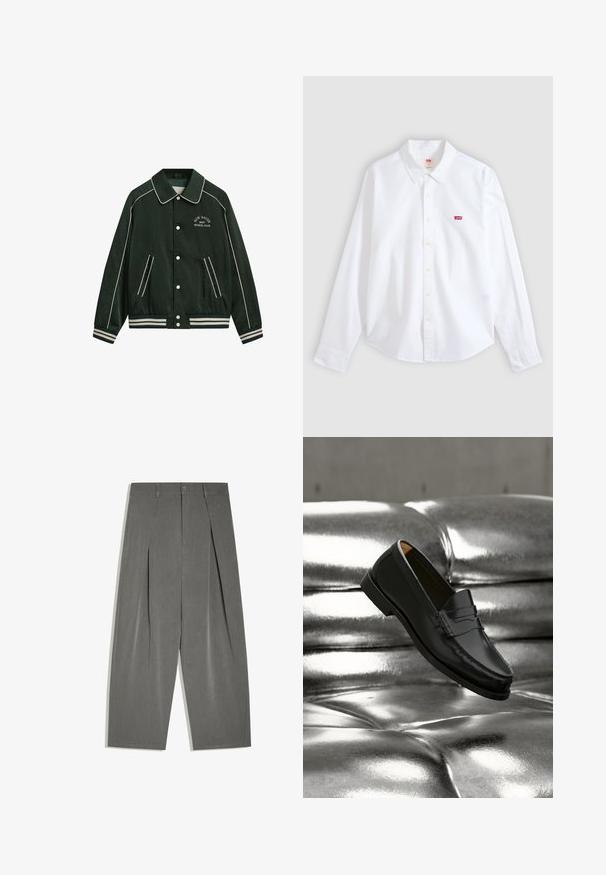 Blouson aviateur vert avec un grand col, des garnitures blanches et "New Haven Gant Sports Club" brodé sur la poitrine. Il comprend des poignets rayés et des poches.; Chemise blanche à manches longues, boutonnée, avec col et petit logo rouge Levi's sur le côté gauche de la poitrine sur un fond neutre.; Pantalon gris à jambes larges, ajusté, avec plis à l'avant, fermeture par boutons et passants de ceinture, posé à plat sur un fond blanc.; Mocassin en cuir noir flottant au-dessus d'un canapé en cuir argenté brillant matelassé à boutons dans un décor minimaliste.