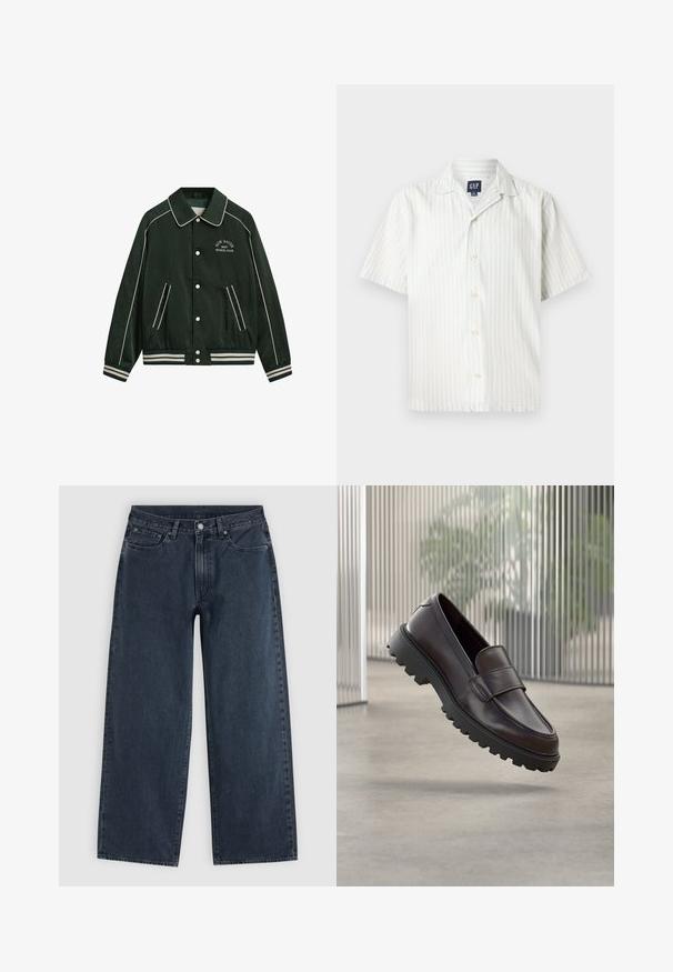 Blouson aviateur vert avec un grand col, des garnitures blanches et "New Haven Gant Sports Club" brodé sur la poitrine. Il comprend des poignets rayés et des poches.; Chemise à manches courtes à boutons, en rayures verticales bleu clair et blanches, en tissu coton, avec un col pointu et des boutons sur le devant.; Jean bleu foncé à jambes larges avec cinq poches, passants pour ceinture, fermeture par bouton et braguette zippée, présenté à plat sur un fond clair.; Chaussure à enfiler en cuir marron avec un bout rond et une semelle en caoutchouc noire robuste. Présente une bride décorative traversant le coup de pied.