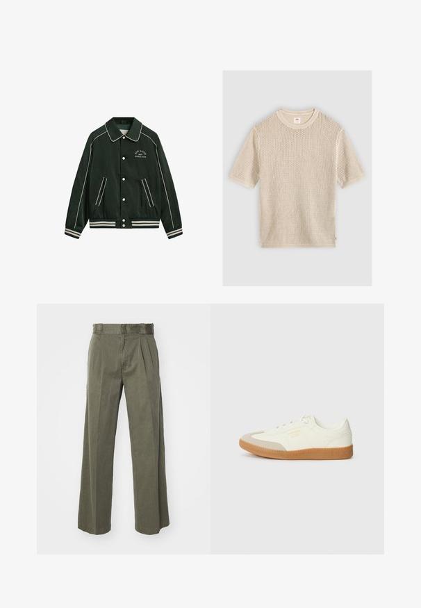 Chaqueta bomber verde con un gran cuello, ribetes blancos y "New Haven Gant Sports Club" bordado en el pecho. Presenta puños a rayas y bolsillos.; Jersey beige de manga corta, tejido con cuello redondo y un patrón texturizado de tejido abierto, colocado plano sobre un fondo claro.; Pantalones verde oliva con un diseño ancho y suelto de pierna ancha con pliegues delanteros. Confeccionados en un tejido texturizado, con una cinturilla estándar y sin elementos metálicos visibles.; Zapatilla de cuero blanca con puntera beige y suela de goma marrón claro. Presenta cordones planos blancos y una marca en relieve en el lateral.