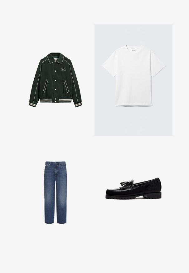 Blouson aviateur vert avec un grand col, des garnitures blanches et "New Haven Gant Sports Club" brodé sur la poitrine. Il comprend des poignets rayés et des poches.; T-shirt blanc à manches courtes et col rond, étalé à plat, design uni, avec l'étiquette "WEEKDAY" à l'intérieur du col sur un fond clair.; Jean bleu taille haute à jambes droites avec bouton et fermeture éclair devant, passants ceinture, poches avant et arrière.; Mocassin en cuir noir avec détail de pompon, semelle épaisse et robuste, et logo embossé sur le côté, présenté de profil sur fond blanc.