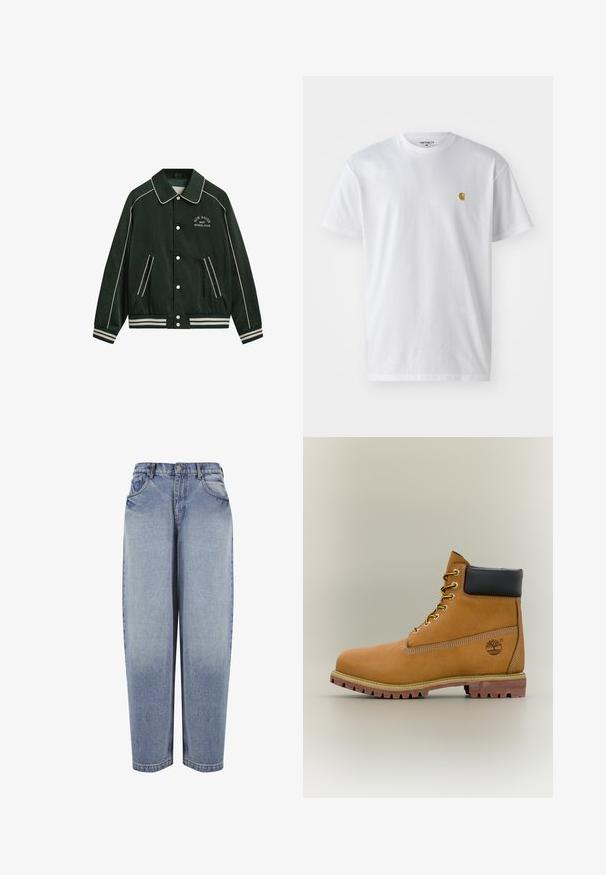 Blouson aviateur vert avec un grand col, des garnitures blanches et "New Haven Gant Sports Club" brodé sur la poitrine. Il comprend des poignets rayés et des poches.; T-shirt en coton blanc à manches courtes, col rond, avec un petit logo doré sur la poitrine gauche. Texture douce et coupe régulière.; Jean en denim bleu taille haute et coupe ample, avec poches avant, passants de ceinture, fermeture par boutons et détails délavés le long des jambes.; Bottine en cuir marron avec col noir, lacets jaunes et semelle beige. Présente un logo et des détails de couture blanche. Semelle extérieure à traction robuste.