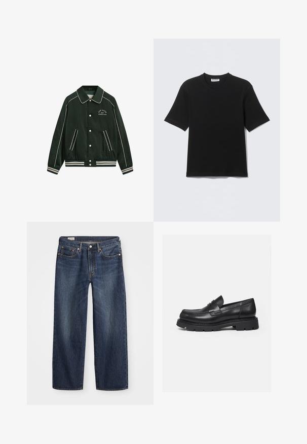Chaqueta bomber verde con un gran cuello, ribetes blancos y "New Haven Gant Sports Club" bordado en el pecho. Presenta puños a rayas y bolsillos.; Camiseta negra de manga corta con cuello redondo y etiqueta "WEEKDAY" en el interior del cuello, mostrada plana sobre un fondo claro.; Jeans de mezclilla azul oscuro con corte recto, diseño de cinco bolsillos, cierre de botón metálico y cremallera, y patrones sutiles de desgaste.; Mocasín negro de cuero con suela gruesa y acanalada y detalle de tira para moneda, mostrado en perfil lateral derecho sobre fondo blanco.
