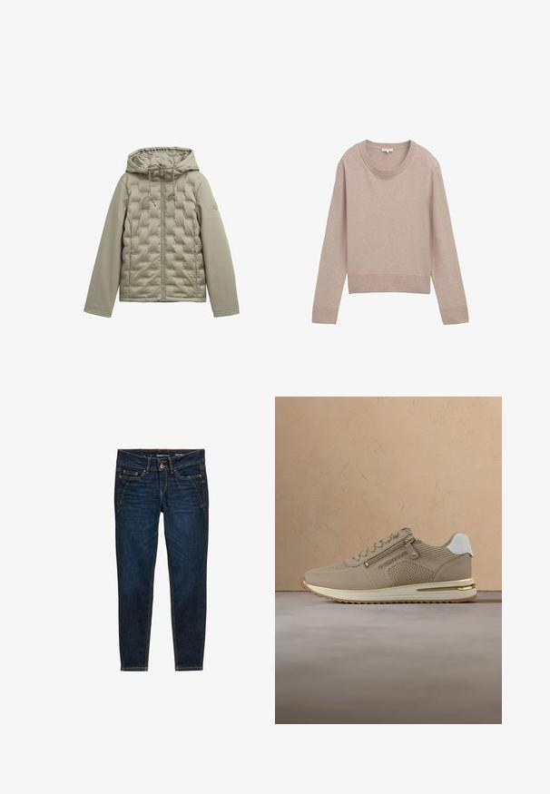 Lysgrøn dunjakke med lynlås fortil, hætte og quiltet design. Glat stof på ærmerne, snoretræk ved hætten og rundt logo-detalje.; Lys pink cropped sweater med lange ærmer, en klassisk rund halsudskæring og ribbede kanter og mansjetter. Lavet af et blødt, strikket materiale.; Mørkeblå denim jeans med slim fit, der har orange syninger, fem lommer og en knaplukning i taljen.; Beige sneakers med en struktureret, åndbar overdel, en hvid hælkappe, gyldne accenter og en sidelås. Letvægtsdesign med en gummisål.