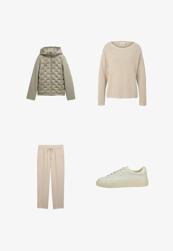 Lysgrøn dunjakke med lynlås fortil, hætte og quiltet design. Glat stof på ærmerne, snoretræk ved hætten og rundt logo-detalje.; Beige strikket sweater lavet af økologisk bomuld. Har en løs pasform, rund halsudskæring og et struktureret mønster overalt. Lange ærmer.; Beige bukser med en elastisk talje med snore, to sidelommer og et glat, let materiale med et lige ben-design.; Lav sko i cremefarvet læder med snørebånd foran, struktureret sål og diskret "GANT" branding på siden og hælen.