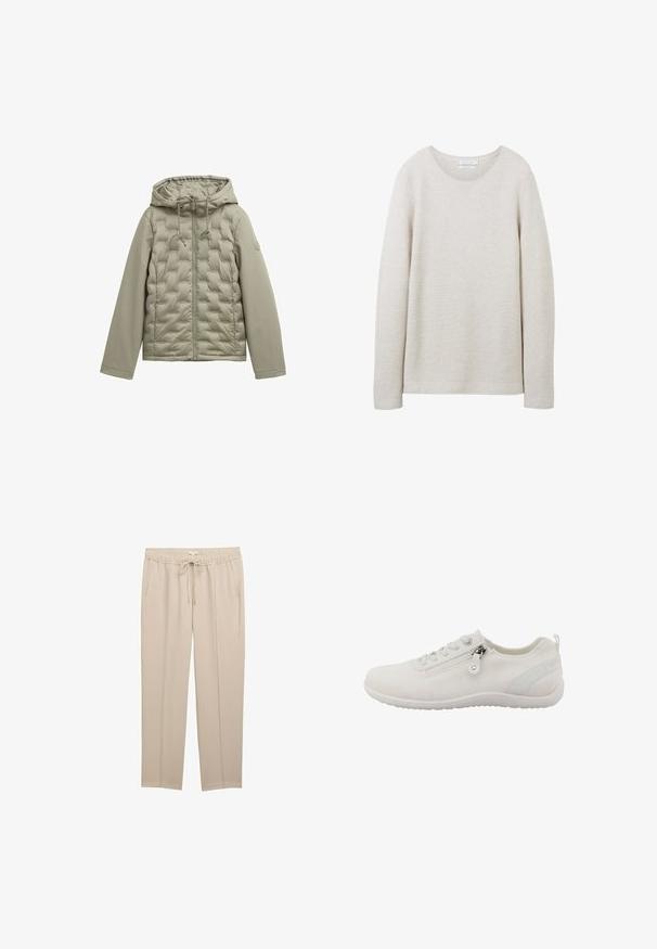 Lysgrøn dunjakke med lynlås fortil, hætte og quiltet design. Glat stof på ærmerne, snoretræk ved hætten og rundt logo-detalje.; Lys beige langærmet sweater med rund halsudskæring, tekstureret ribbet design og lige kant. Blødt stof med subtile striber.; Beige bukser med en elastisk talje med snore, to sidelommer og et glat, let materiale med et lige ben-design.; Hvid atletiksko lavet af åndbart mesh-materiale. Har lynlås, struktureret overdel og fleksibel gummisål.