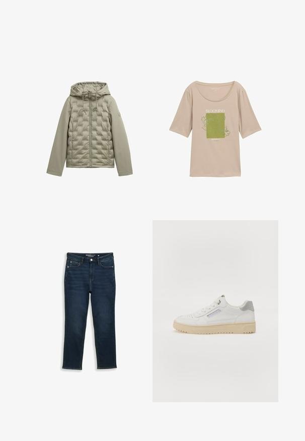 Hellgrüne Daunenjacke mit Reißverschluss vorne, Kapuze und gestepptem Design. Glattes Material an den Ärmeln, Kordeln an der Kapuze und rundem Logodetail.; Beige T-Shirt mit kurzen Ärmeln aus weichem Stoff, mit einem grünen Blumenmuster-Overlay und dem Wort "BLOOMING" in weißem Text.; Dunkelblaue Slim-Fit-Jeans aus Denim mit vorderem Knopf, Taschen und dezenten Ausbleichungen, flach auf einem weißen Hintergrund ausgebreitet.; Männliche weiße Sneakers mit glatter Textur, grauen Akzenten, runder Zehenpartie und einer beigen Gummisohle. Verfügt über ein seitliches Etikett und durchbrochene Details.