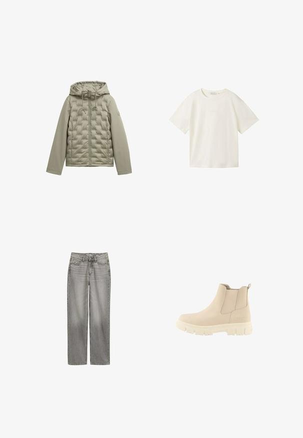 Hellgrüne Daunenjacke mit Reißverschluss vorne, Kapuze und gestepptem Design. Glattes Material an den Ärmeln, Kordeln an der Kapuze und rundem Logodetail.; TOM TAILOR DENIM T-Shirt basic - gardenia white; Graue Denim-Jeans mit geradem Bein, vorderen und Münztaschen, Knopf- und Reißverschluss, auf einem weißen Hintergrund präsentiert.; Beige Knöchelschuh mit elastischen Seitenpaneelen, strukturiertem Stoff und einer dicken weißen Gummisohle. Verfügt über eine Zuglasche für einfaches Anziehen.