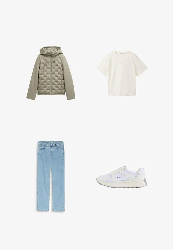 Lichtgroene pufferjack met een rits aan de voorkant, kap en gestikt ontwerp. Glad materiaal op de mouwen, trekkoorden bij de kap en een ronde logo-detail.; TOM TAILOR DENIM T-shirt basic - gardenia white; Lichtblauwe rechte spijkerbroek met knopen aan de voorkant, ritssluiting en vijfzakkenmodel, vlak uitgespreid op een witte achtergrond.; Witte sportschoen met een bovenwerk van mesh en synthetisch materiaal, voorzien van zilveren accenten en een gestructureerde rubberen zool, gelabeld "TOM TAILOR."