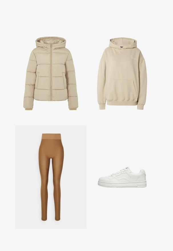 Veste rembourrée beige avec capuche, fermeture éclair à l'avant, et deux grandes poches. Texture lisse avec des motifs matelassés et des poignets élastiqués.; Sweat à capuche beige à enfiler avec poche kangourou à l'avant, poignets et ourlet côtelés, et texte brodé subtil sur la poitrine gauche.; Even&Odd active by Zalando Leggings - brown; Basket basse blanche avec fermeture à lacets à l'avant, semelle texturée et coutures discrètes sur les côtés.