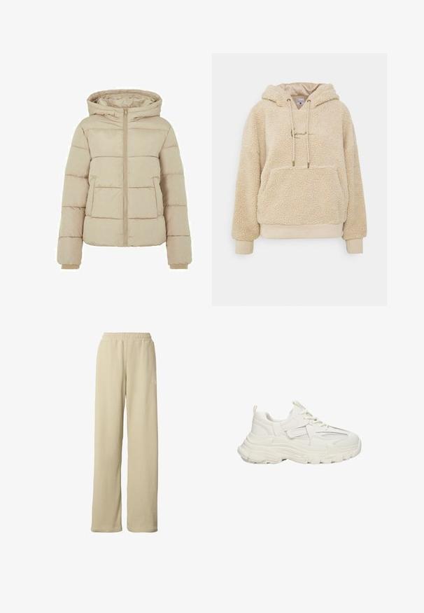 Veste rembourrée beige avec capuche, fermeture éclair à l'avant, et deux grandes poches. Texture lisse avec des motifs matelassés et des poignets élastiqués.; Pull à capuche en polaire beige avec un extérieur texturé, une poche avant et des cordons de serrage. Tissu doux avec des poignets et un ourlet côtelés.; Pantalon large beige côtelé avec taille élastique et petit logo blanc discret sur la partie supérieure de la cuisse.; Baskets blanches épaisses avec un supérieur texturé et des détails en mesh, semelle en caoutchouc épaisse, bout rond et accents décoratifs sur les côtés.