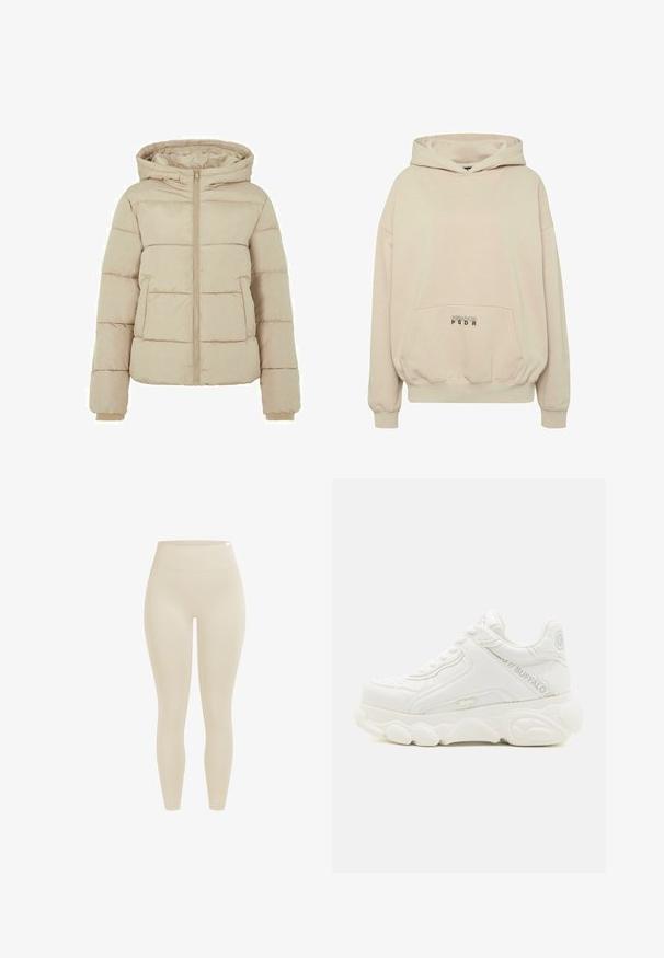 Beige gewatteerde jas met capuchon, voorzijde met ritssluiting en twee grote zakken. Soepele textuur met gewatteerde patronen en elastische manchetten.; Beige hoodie met een voorzak, geribbelde boorden en een capuchon met trekkoord. "PECADOR PGDR" tekst gedrukt op het zakgebied.; Beige, naadloze leggings met hoge taille, een brede elastische tailleband en een enkellange snit tegen een witte achtergrond.; Witte chunky sneaker met dikke zool, vetersluiting en "Buffalo"-branding op de zijkant en hiel.