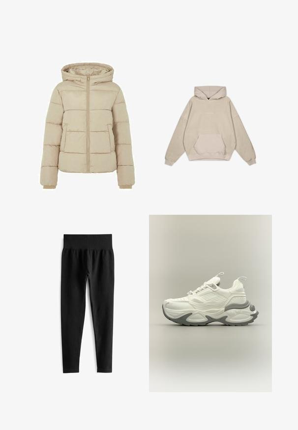 Beige gewatteerde jas met capuchon, voorzijde met ritssluiting en twee grote zakken. Soepele textuur met gewatteerde patronen en elastische manchetten.; Beige hoodie met een ontspannen pasvorm, buidelzak, omgeslagen mouwen en een gladde textuur. Heeft subtiele logodetails aan de voorkant.; Zwarte geribde legging met een brede, elastische tailleband. De stof lijkt rekbaar en gestructureerd, eindigend net boven de enkel.; Witte en grijze chunky sneaker met een gestructureerde zool, treklussen op de tong en hiel, en een gedetailleerd paneelontwerp op het bovenwerk.
