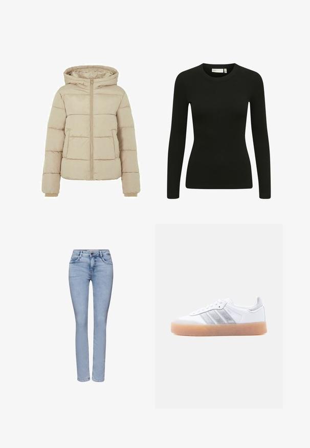 Beige gewatteerde jas met capuchon, voorzijde met ritssluiting en twee grote zakken. Soepele textuur met gewatteerde patronen en elastische manchetten.; Zwarte lange mouwen ribbed top met een ronde halslijn en een aansluitend ontwerp. De stof lijkt zacht met een lichte rek en een subtiele textuur.; Lichtblauwe slim-fit damesjeans met knoop aan de voorkant, rits, lussen voor riem en ontwerp met vijf zakken.; Witte lage sneaker met gumzool, zilverkleurige gestreepte zijkanten en veterluiting, afgebeeld tegen een effen lichte achtergrond.