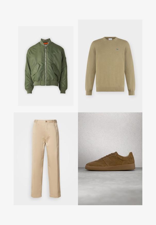 Chaqueta bomber verde oliva con cierre de cremallera al frente, puños acanalados y dos bolsillos frontales. Presenta un pequeño logo en el lado izquierdo del pecho y forro interior en contraste.; Jersey beige de manga larga con cuello redondo, puños y dobladillo acanalados, con un pequeño logo de cocodrilo verde bordado en el pecho izquierdo.; Pantalones beige hechos de una tela ligera, con un diseño de pierna recta, cinturilla con trabillas y un solo botón en la parte frontal.; Zapatilla deportiva de ante marrón con cordones color beige y suela de goma. Presenta una puntera redondeada y detalles cosidos en la parte superior. Diseño ligero.