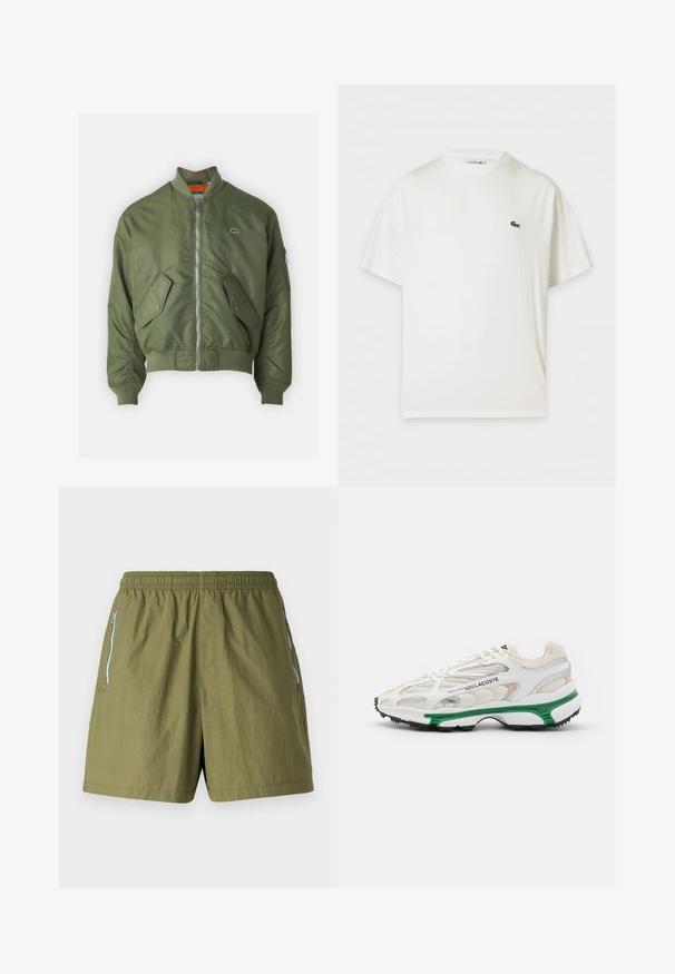 Chaqueta bomber verde oliva con cierre de cremallera al frente, puños acanalados y dos bolsillos frontales. Presenta un pequeño logo en el lado izquierdo del pecho y forro interior en contraste.; Camiseta blanca de manga corta con cuello redondo y pequeño logo verde de cocodrilo en el pecho izquierdo.; Pantalones cortos verde oliva con cinturilla elástica, bolsillos con cremallera en los laterales y una tela ligera y texturizada.; Zapatilla blanca con acento verde y suela de goma negra. Presenta paneles de malla y sintéticos, con un acabado texturizado y costuras visibles.