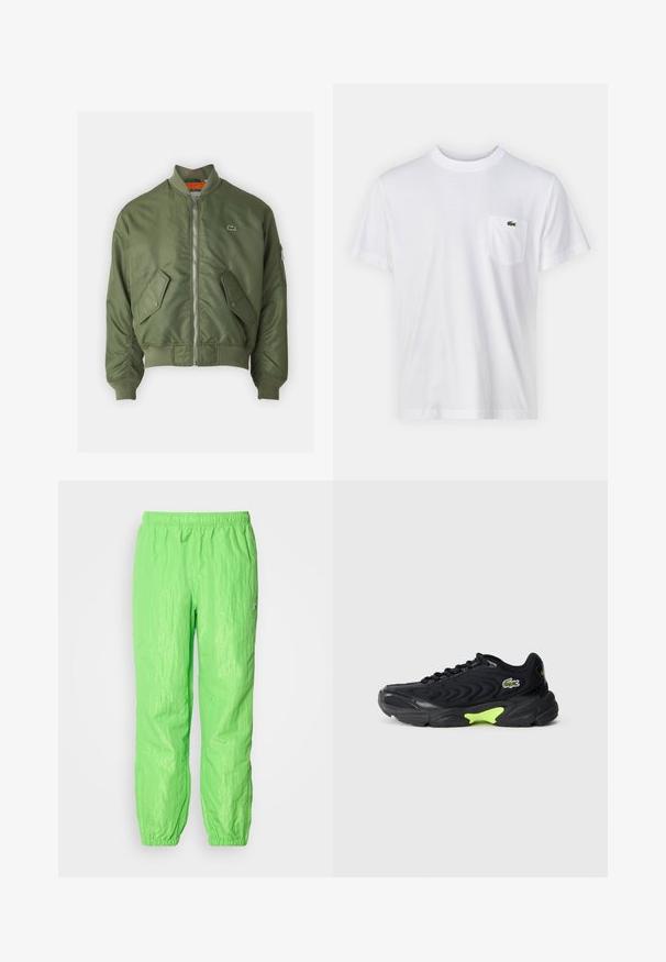 Chaqueta bomber verde oliva con cierre de cremallera al frente, puños acanalados y dos bolsillos frontales. Presenta un pequeño logo en el lado izquierdo del pecho y forro interior en contraste.; Camiseta de algodón blanca con escote redondo y mangas cortas. Cuenta con un bolsillo en el pecho izquierdo y un pequeño logo verde de Lacoste.; Pantalones ligeros de color verde neón con cintura elástica, que presentan una textura ligeramente arrugada y puños fruncidos en los tobillos.; Zapatilla negra con un diseño de malla ondulada, con un acento verde en la suela y un logotipo de la marca. Suela de goma suave, construcción ligera.