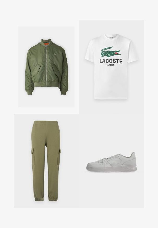 Chaqueta bomber verde oliva con cierre de cremallera al frente, puños acanalados y dos bolsillos frontales. Presenta un pequeño logo en el lado izquierdo del pecho y forro interior en contraste.; Lacoste Camiseta estampada - white; Pantalones cargo de tela liviana en color verde oliva, con bolsillos laterales, cintura elástica y puños ajustados para un ajuste ceñido.; Zapatilla blanca de corte bajo Lacoste con cordones, logo en relieve en el lateral y suela texturizada sobre un fondo liso.