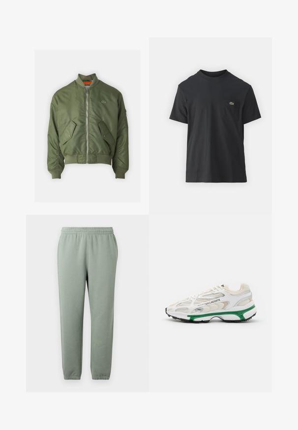 Μπορντό bomber jacket με φερμουάρ μπροστά, ριγωτούς καρπούς και δύο μπροστινές τσέπες. Διαθέτει μικρό λογότυπο στο αριστερό στήθος και αντίθετη επένδυση εσωτερικά.; Μαύρο βαμβακερό t-shirt με κοντά μανίκια, στρογγυλή λαιμόκοψη και μικρό πράσινο λογότυπο στην αριστερή τσέπη του στήθους. Απλός σχεδιασμός, κανονική εφαρμογή.; Ανοιχτό πράσινα φόρμες με ελαστική μέση, σφιχτά πόδια και μανσέτες στον αστράγαλο. Φτιαγμένες από μαλακό, ελαφρύ ύφασμα.; Λευκό αθλητικό παπούτσι με πράσινη λεπτομέρεια και μαύρη καουτσούκ σόλα. Διαθέτει πλέγμα και συνθετικά πάνελ, με υφή και ορατές ραφές.