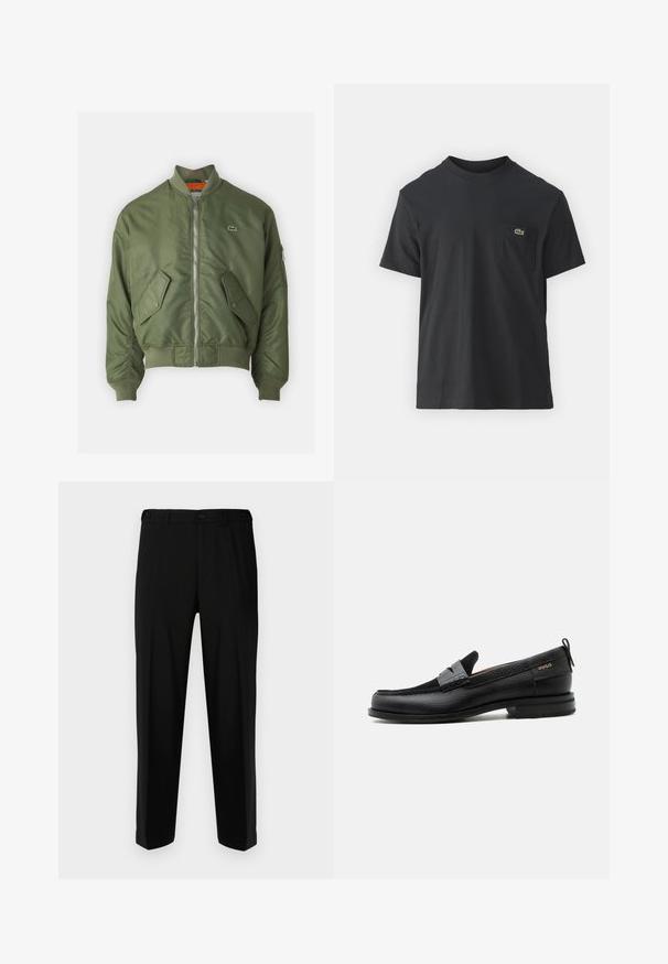 Chaqueta bomber verde oliva con cierre de cremallera al frente, puños acanalados y dos bolsillos frontales. Presenta un pequeño logo en el lado izquierdo del pecho y forro interior en contraste.; Camiseta de algodón negra de manga corta, con cuello redondo y un pequeño logotipo verde en el bolsillo izquierdo del pecho. Diseño simple, ajuste regular.; Pantalones negros de tela suave, con corte recto, dos bolsillos frontales y cremallera con cierre de botón.; Mocasín de cuero negro con detalle de tira gris, tacón bajo y suela texturizada, con la marca "HUGO" en oro en el lateral.