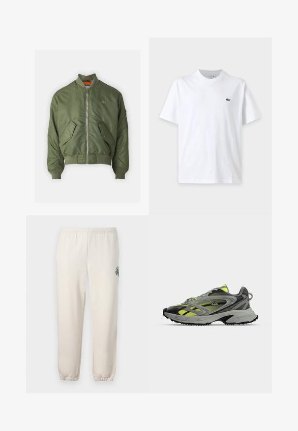 Μπορντό bomber jacket με φερμουάρ μπροστά, ριγωτούς καρπούς και δύο μπροστινές τσέπες. Διαθέτει μικρό λογότυπο στο αριστερό στήθος και αντίθετη επένδυση εσωτερικά.; Απλό λευκό κοντομάνικο t-shirt με στρογγυλή λαιμόκοψη και μικρό πράσινο λογότυπο κροκοδείλου στο αριστερό στήθος.; Ανοικτό μπεζ αθλητικό παντελόνι από βαμβάκι, με ελαστική μέση, ραμμένες μανσέτες και πράσινο λογότυπο με σχέδιο φύλλου στο αριστερό πόδι.; Γκρι και κίτρινο αθλητικό παπούτσι με μαύρες λεπτομέρειες και υφασμένη σόλα, που φαίνεται από το πλάι σε απλό ανοιχτό φόντο.