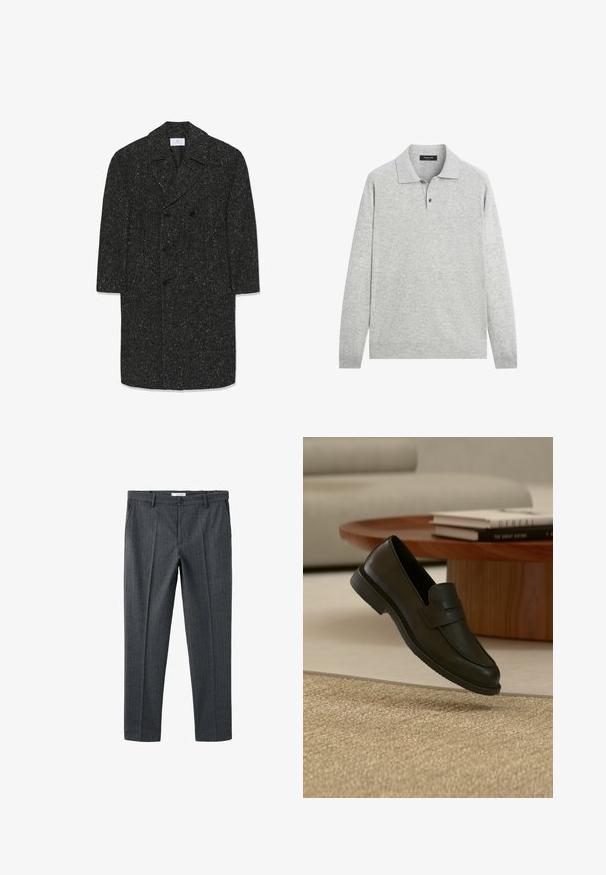 Langer, dunkelgrauer Herringbone-Wollmantel mit breiten Revers und sechs schwarzen Knöpfen im doppelten Knopfdesign.; Hellgraues Langarm-Poloshirt mit Kragen und Zwei-Knopf-Leiste, aus weichem Stoff, auf weißem Hintergrund gezeigt.; Grau gestreifte Hose aus glattem Stoff. Verfügt über vordere Falten, einen Knopfverschluss und Gürtelschlaufen. Schmal geschnitten mit geraden Beinen.; Schwarzer Lederloafer-Schuh schwebt über einem beige gewebten Teppich, mit einem Holztisch und gestapelten Büchern in einem sanft beleuchteten Wohnzimmer.