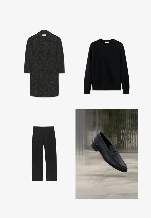 Lang mørkegrå hørfrakke i fiskebensmønster med brede revers og seks sorte knapper i dobbeltradet stil.; Sort strikket sweater med rund halsudskæring, ribbede ærmegab og kant. Teksturen har et diskret mønster, der giver et hyggeligt udseende.; Sorte bukser med lige ben, lavet af et glat stof. Har frontfolder og en enkelt knaplukning i taljen.; Sort læderloafer med glat finish, spids tå og sømdetaljer over vristen. Lav hæl og minimalistisk design.