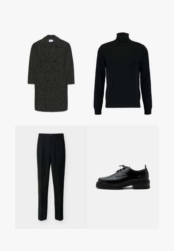 Lang mørkegrå hørfrakke i fiskebensmønster med brede revers og seks sorte knapper i dobbeltradet stil.; Sort turtleneck sweater lavet af et blødt strikmateriale. Har lange ærmer, ribbet krave og kant. Enkel, slank design uden mønstre.; Sorte, skræddersyede bukser med høj talje, bæltestropper, forreste læg, sidelommer samt knap- og lynlåslukning.; Sort poleret læder snørestøvle med tyk gummisål og lav hæl, sideskilt med mærketekst "SAMSOE" og bageste træksnor.