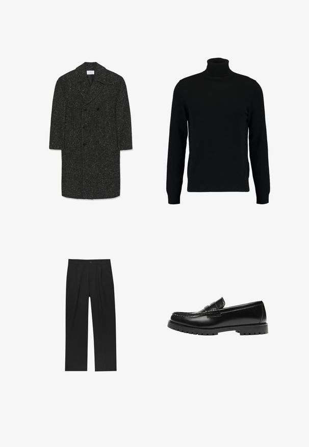 Lang mørkegrå hørfrakke i fiskebensmønster med brede revers og seks sorte knapper i dobbeltradet stil.; Sort turtleneck sweater lavet af et blødt strikmateriale. Har lange ærmer, ribbet krave og kant. Enkel, slank design uden mønstre.; Sorte bukser med lige ben, lavet af et glat stof. Har frontfolder og en enkelt knaplukning i taljen.; Sort læderloafer med en kraftig gummisål og klassiske penny-strap detaljer, vist fra ydersiden.