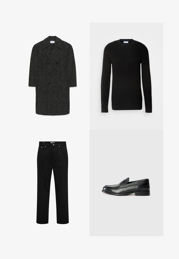 Lang mørkegrå hørfrakke i fiskebensmønster med brede revers og seks sorte knapper i dobbeltradet stil.; Sort langærmet sweater med ribbet tekstur, rund halsudskæring og tætsiddende manchetter. Fremstillet af et blødt, strækbart materiale.; Sorte jeans med lige ben, forlommer, bæltestropper, knaplukning og synlige syninger.; Sorte læder loafers med en glat overflade, syede detaljer over vamps og en let hævet hæl.