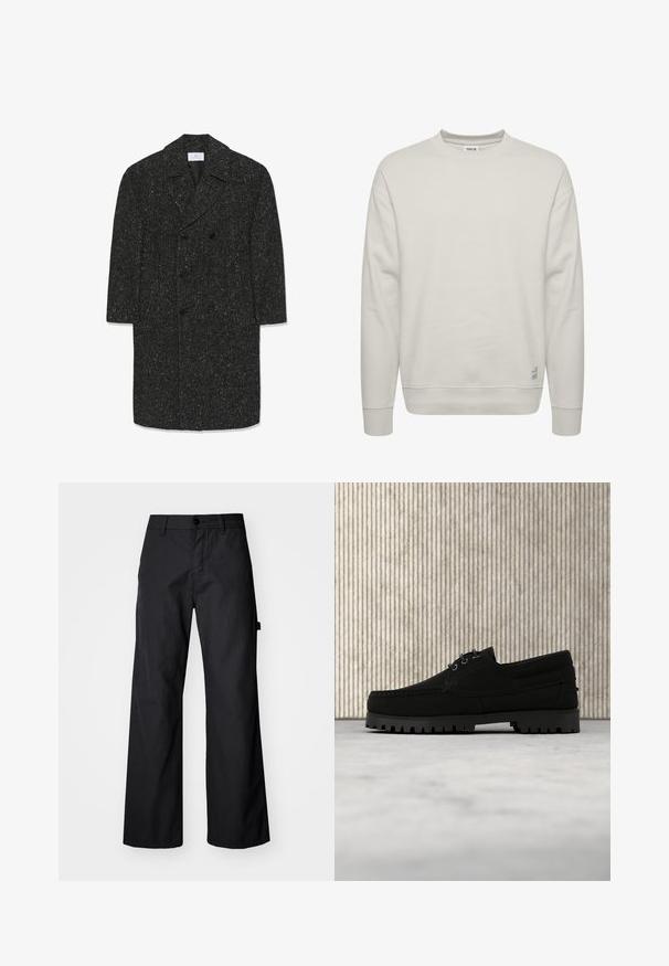 Lang mørkegrå hørfrakke i fiskebensmønster med brede revers og seks sorte knapper i dobbeltradet stil.; Lys beige sweatshirt med rund hals, lange ærmer, ribbede manchetter og kant, med et lille logo tag på den nedre side. Glat tekstur.; Svarte breddebenede bukser fremstillet af holdbart stof. Har en knaplukning og sidelommer. Glat tekstur med et enkelt design.; Sort snørestøvle med tyk rilled sål, der svæver over beige tæppe, brun moderne rundt bord i blødt oplyst rum i baggrunden.
