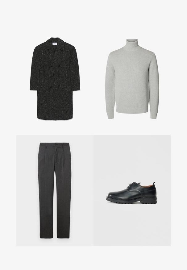Lang mørkegrå hørfrakke i fiskebensmønster med brede revers og seks sorte knapper i dobbeltradet stil.; Lysegrå strikket rullekrave sweater med lange ærmer og ribstrikkede manchetter og kant.; Grå skræddersyede bukser med lige ben, der har en frontfold, lynlås og knaplukning. Glat tekstur, klassisk design.; Sorte læder derby-sko med en glat overflade, rund tå, snøre-design og en tyk, robust gummisål.