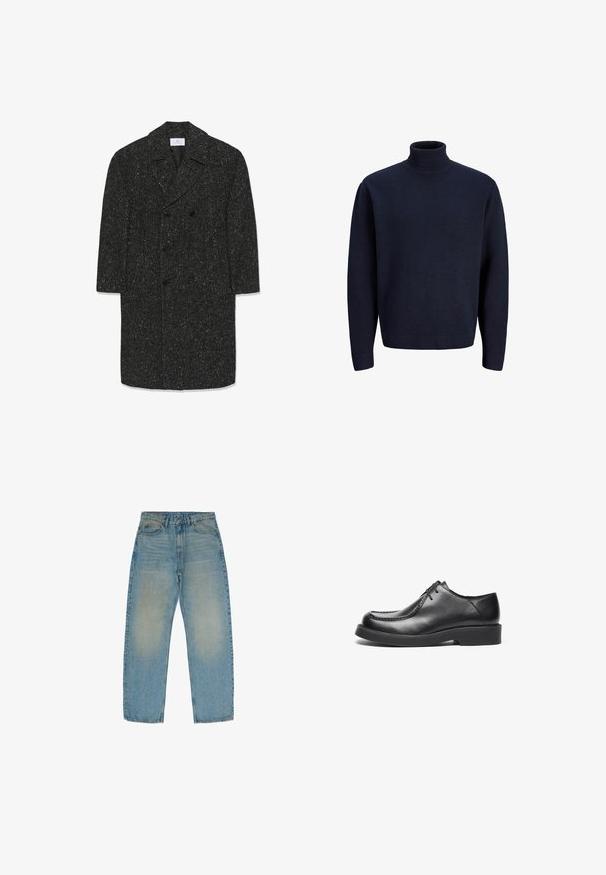 Lang mørkegrå hørfrakke i fiskebensmønster med brede revers og seks sorte knapper i dobbeltradet stil.; Mørkeblå turtleneck sweater lavet af et tekstureret strikmateriale; har lange ærmer og en løs pasform med ribbet krave og kant.; Lyseblå lige ben jeans lavet af denim, med en falmet tekstur og en medium vask, fem lommer og lynlås.; Sorte lædersko med rund tå, lige søm detaljer og en lavprofil gummisål. Klassisk rent design, snørelukning.