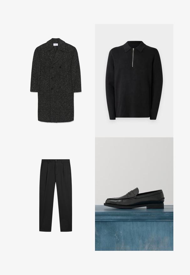 Lang mørkegrå hørfrakke i fiskebensmønster med brede revers og seks sorte knapper i dobbeltradet stil.; Sort pullover med lange ærmer og lynlås i kraven. Lavet af blødt stof, der har en glat tekstur og et enkelt, minimalistisk design.; Sorte skræddersyede bukser med bæltestropper, forreste knap, lynlås og sidelommer, vist på en ensfarvet hvid baggrund.; Sorte læderloafers med et slankt design, der har syning ved tåen og en glat finish. Skoen har en lav hæl og minimal udsmykning.