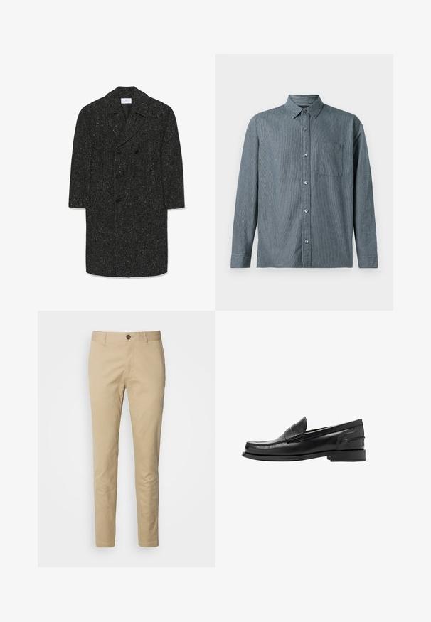 Dlhý tmavosivý kabát z vlnenej látky v herringbone vzore s širokými klopami a šiestimi čiernymi gombíkmi v dvojradovom štýle.; Abercrombie & Fitch CROPPED CURVED HEM - Košeľa - dark blue; Bežové chinos s gombíkovým zapínaním, úzkym strihom a hladkým bavlneným materiálom. Obsahujú prešívanie a štandardný dizajn s piatimi vreckami.; Čierne kožené mokasíny s okrúhlym špičkou, dekoratívnym šitím a plochou gumovou podrážkou. Obsahujú zvýšený remienok cez priehlavok.