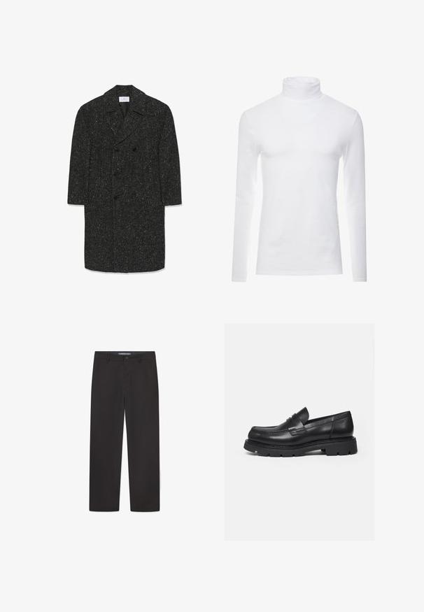 Lang mørkegrå hørfrakke i fiskebensmønster med brede revers og seks sorte knapper i dobbeltradet stil.; Hvid langærmet turtleneck skjorte lavet af blødt, strækbart materiale. Har en høj krave og et tætsiddende design, som giver en strømlinet silhuet.; Sorte bukser lavet af glat stof, med et lige ben design, en talje med knaplukning og uden synlige mønstre eller accenter.; Sort læderloafer med tyk rillede sål og penny-remdetalje, vist i højre sideprofil på hvid baggrund.