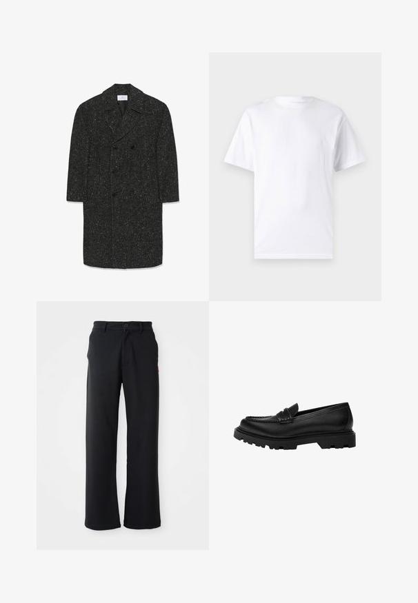 Lang donkergrijze herringbone wollen jas met brede revers en zes zwarte knopen in een dubbelgebonden stijl.; Witte T-shirt met korte mouwen, gemaakt van katoen, met een ronde hals. Het heeft een gladde textuur en een eenvoudig ontwerp zonder patronen of accenten.; Zwarte rechte broek met knoop- en ritssluiting, riemlussen en zijzakken, weergegeven tegen een witte achtergrond.; Zwarte leren loafer met een robuuste, gestructureerde zool. Heeft een decoratieve gestikte rand en een lage hak voor een eigentijdse uitstraling.