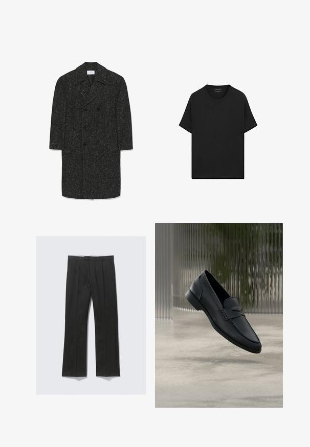 Lang mørkegrå hørfrakke i fiskebensmønster med brede revers og seks sorte knapper i dobbeltradet stil.; Sort t-shirt med korte ærmer og rund hals, lige kant og et lille mærke med brandnavn indeni ved halsudskæringen.; Sort stribede bukser med lige ben-design, der har en glat stoftekstur og to sidelommer.; Sort læderloafer med glat finish, spids tå og sømdetaljer over vristen. Lav hæl og minimalistisk design.