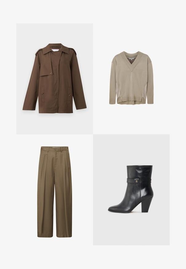 Brun bomuldsjakke med spredt krave, skulderklapper, knappet front og to påsyede lommer ved livet.; Beige langærmet V-hals sweater med ribbede manchetter og kant, med sideliner og let høj-lav kantdetalje.; Brune bredbenede bukser med frontplisseringer, bæltestropper og sidelåse på linningen, lavet af tekstureret stof.; Tommy Hilfiger Højhælede støvletter - black