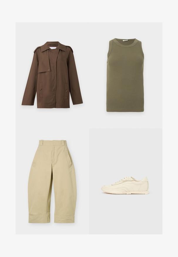 Veste en coton marron avec un col étalé, des épaulettes, un devant à boutons et deux poches plaquées à la taille.; Haut sans manches vert olive en tissu côtelé, avec un col rond et une silhouette ajustée aux bords nets.; Pantalon beige taille haute, coupe large et courte, avec passants de ceinture, poches latérales et coutures apparentes aux ourlets.; Baskets basses de couleur crème avec des coutures ondulées, une fermeture à lacets et une semelle crantée, vues de côté sur un fond uni.