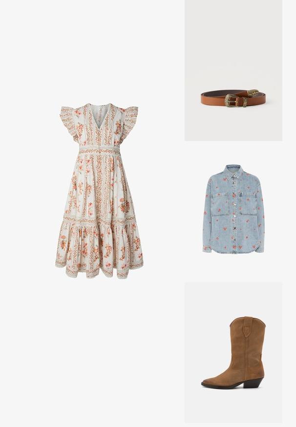 Lichtblauwe denim overhemd met lange mouwen, twee borstzakken en verspreide rode bloemenborduursels. Knopsluiting aan de voorkant met zilveren knopen.; Witte midi-jurk met oranje bloemenprint, gerimpelde korte mouwen, V-hals, aansluitende taille en een gelaagde rok met kanten rand.; Pavement NIKKI - Cowboy-/Bikerlaarzen - taupe; Bruine leren riem opgerold met sierlijke antieke goudkleurige gesp, lus en uiteinde met bloemen- en geometrische gravures, op een witte achtergrond.