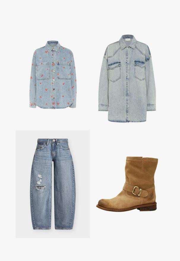 Lichtblauwe denim overhemd met lange mouwen, twee borstzakken en verspreide rode bloemenborduursels. Knopsluiting aan de voorkant met zilveren knopen.; Lichtblauwe denim shirtjasje met twee borstzakken, een gespreide kraag en zichtbare stiksels. Relaxed fit met lange mouwen.; Blauwe denim jeans met wijde pijpen, een hoge taille en versleten scheuren aan de linkerdij, met voorzakken en riemlussen.; Tan suède enkellaars met een brede band en een metalen gesp, en een structuurzool. Ronde neus en een lichte hak met een eenvoudige logo-detail.