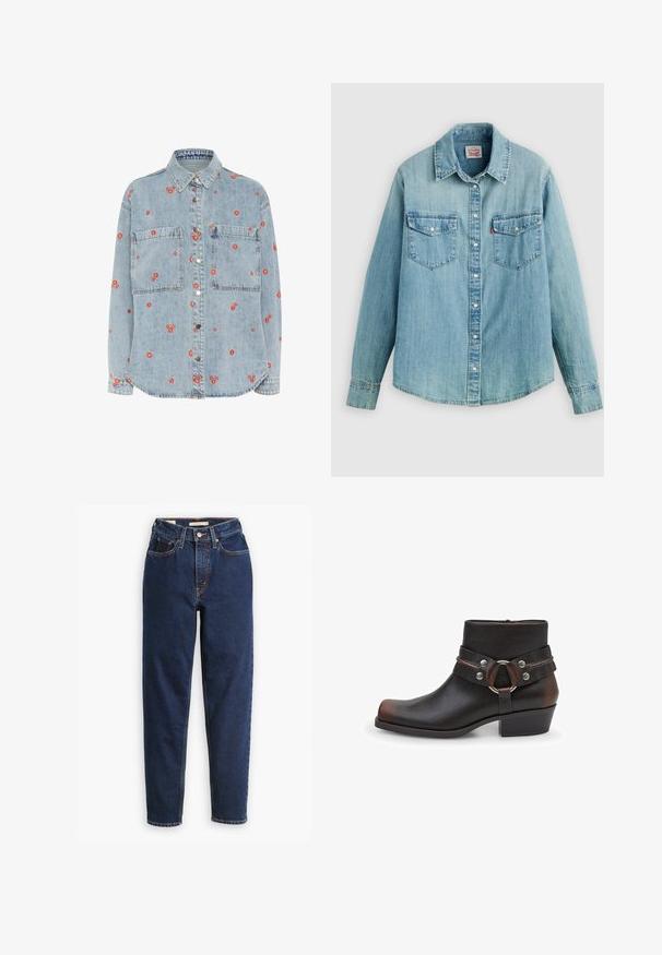 Lys blå denimskjorte med lange ærmer, to brystlommer og spredt rød blomst broderi. Knappet foran med sølvknapper.; Lyseblå denimskjorte med klassisk krave, knaplukning foran, to brystlommer og manchetter med knap samt en let buet kant forneden.; Mørkeblå denimjeans med høj talje, femlommedesign og lige ben. Kontrastsyninger og knaplukning.; Sorte læder ankelstøvler med rund tå, sølvhardware detaljer og en strop med en rund spænde. Design med blokhæl.
