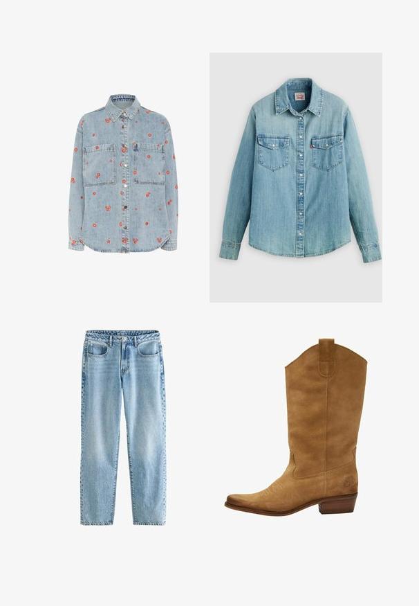 Lys blå denimskjorte med lange ærmer, to brystlommer og spredt rød blomst broderi. Knappet foran med sølvknapper.; Lyseblå denimskjorte med klassisk krave, knaplukning foran, to brystlommer og manchetter med knap samt en let buet kant forneden.; Lysblå denimjeans med en afslappet pasform. Har fire lommer, en klassisk knaplukning og minimal falming for en ensartet struktur.; Brune ruskinds cowboystøvle med høj skaft, spids tå og subtil hvid syning. Har et mønstret accent nær hælen og stablet træhæl.