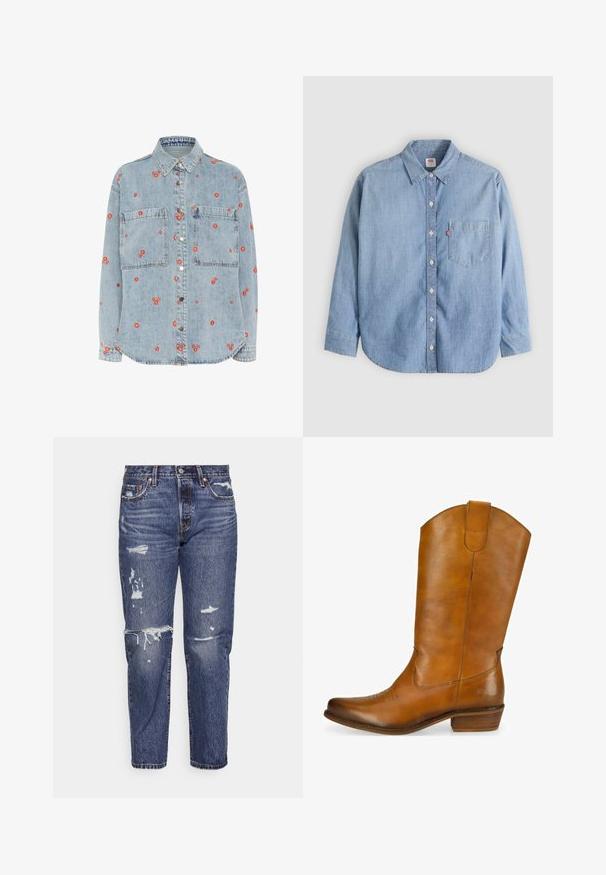 Lys blå denimskjorte med lange ærmer, to brystlommer og spredt rød blomst broderi. Knappet foran med sølvknapper.; Lyseblå denimskjorte med button-down-krave, forlompe og lange ærmer. Har en buet kant og en subtil tekstur.; Blå denim jeans med en afslappet pasform, der har slidte områder og frynsede kanter. Klassisk 5-lommer design med metalbeklædning.; Brune læder cowboystøvle med en glat overflade, bøjet top, dekorativ broderi på tåen og en lav stablet hæl. Brun accentlogo på siden.