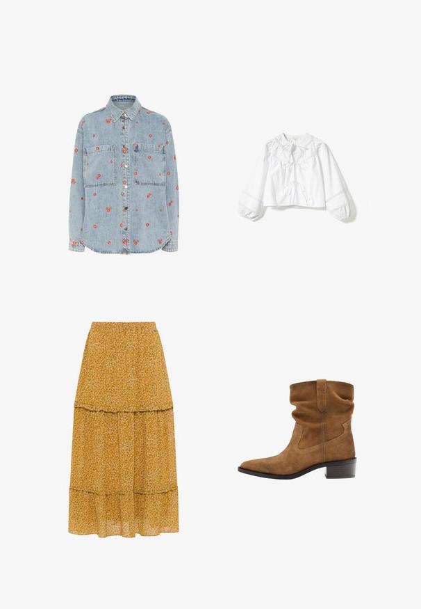 Chemise en denim bleu clair à manches longues, avec deux poches poitrine et des broderies de fleurs rouges éparpillées. Boutonnage sur le devant avec des boutons en argent.; Blouse blanche courte avec un col rond, des manches bouffantes et un nouage à l'avant. Présente une délicate bordure en dentelle le long du col et des poignets.; Jupe midi florale en jaune moutarde avec des volants superposés, en tissu léger, et des motifs de fleurs blanches et bleues dispersés. Taille élastique.; Botte mi-mollet en daim marron avec tige souple, bout pointu, languette et talon bas empilé, sur fond blanc.