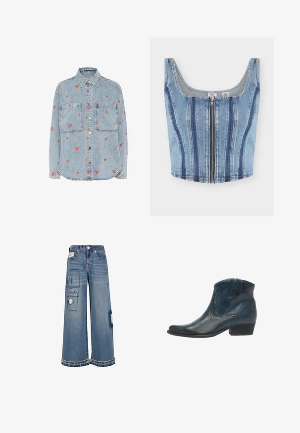 Chemise en denim bleu clair à manches longues, avec deux poches poitrine et des broderies de fleurs rouges éparpillées. Boutonnage sur le devant avec des boutons en argent.; Haut en denim court sans manches avec fermeture éclair à l'avant et accents de panneaux verticaux en bleu plus foncé.; Jean en denim à jambes larges de couleur bleu clair, avec des détails en patchwork et des ourlets effilochés. Des accents usés et des coutures contrastées complètent le design.; Bottes de cowboy en cuir bleu foncé, avec un bout pointu, des accents courbés et un talon bas empilé avec des détails de couture subtils.